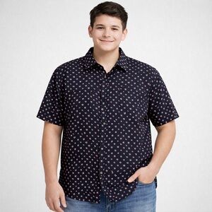 Nickel & Iron Youth Navy Print Short Sleeve Button Down Shirt Casual Size XL